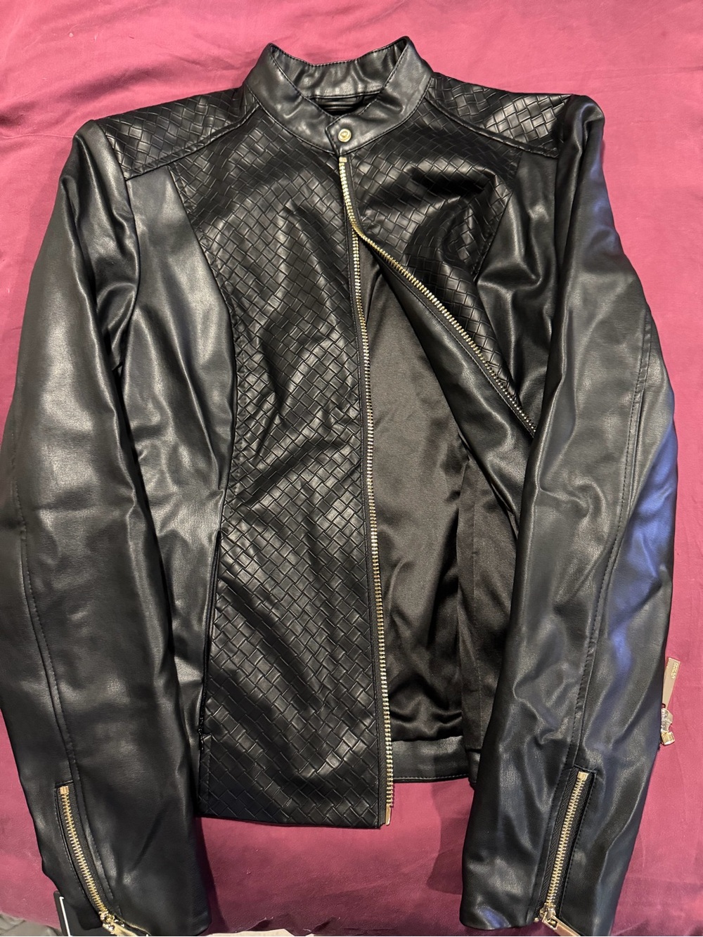 Guess Black Faux Leather Quilted Front Jacket with Gold Zippers - Picture 3 of 5
